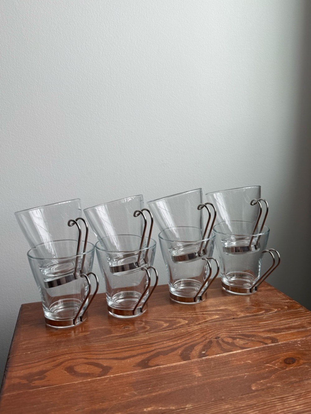 Set of 8 Vintage Tempered Glass Mugs Italian Bormioli Stainless Handled Cups